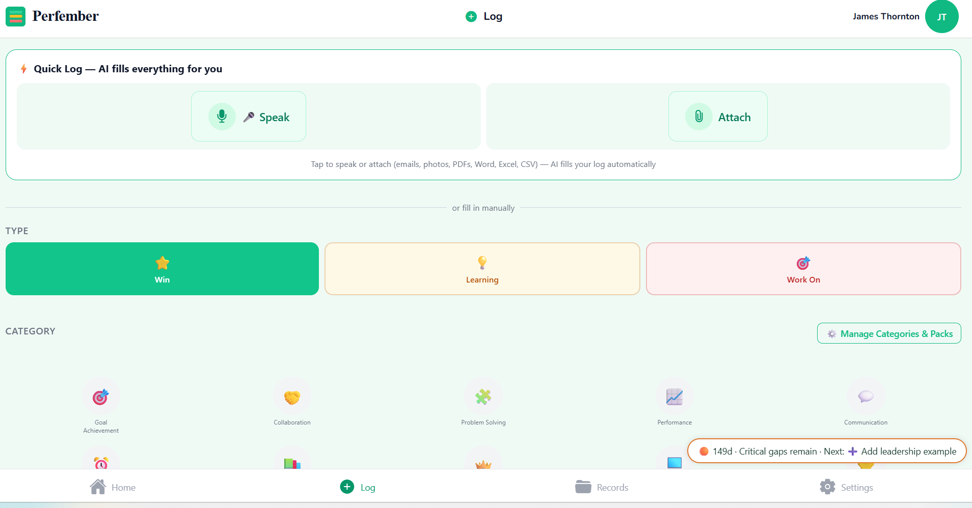 Perfember quick log screen