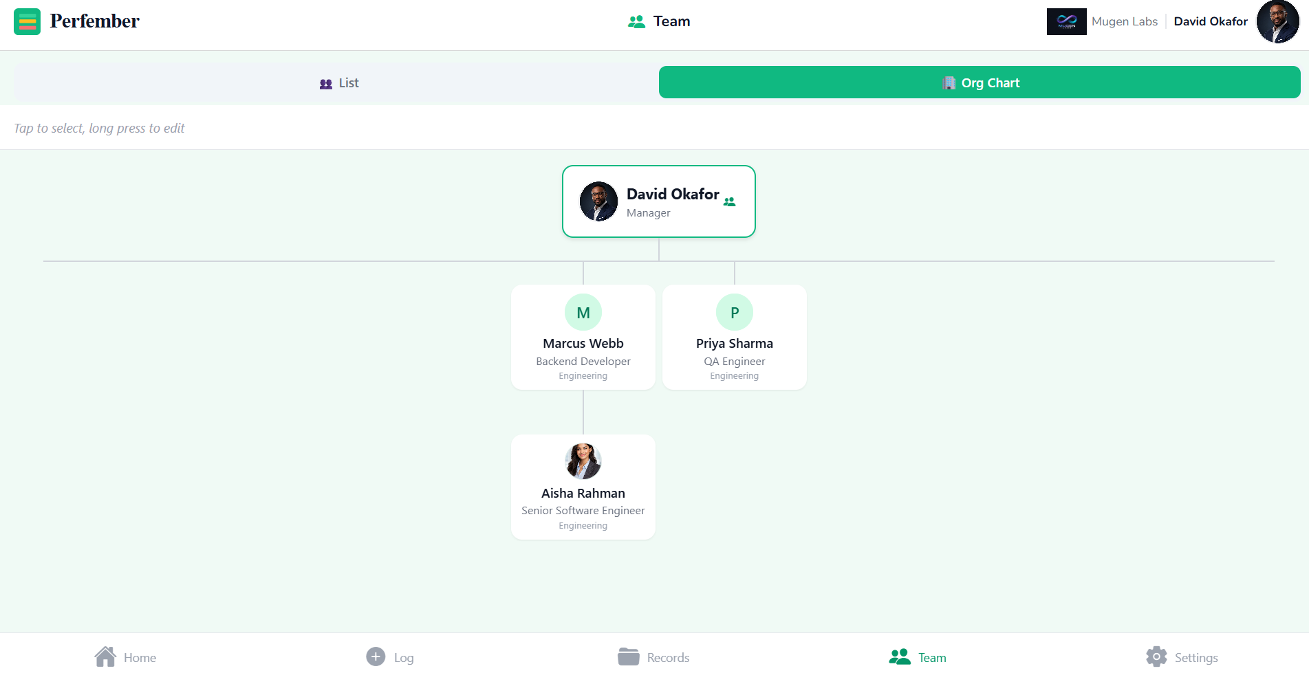 Perfember team list and org chart