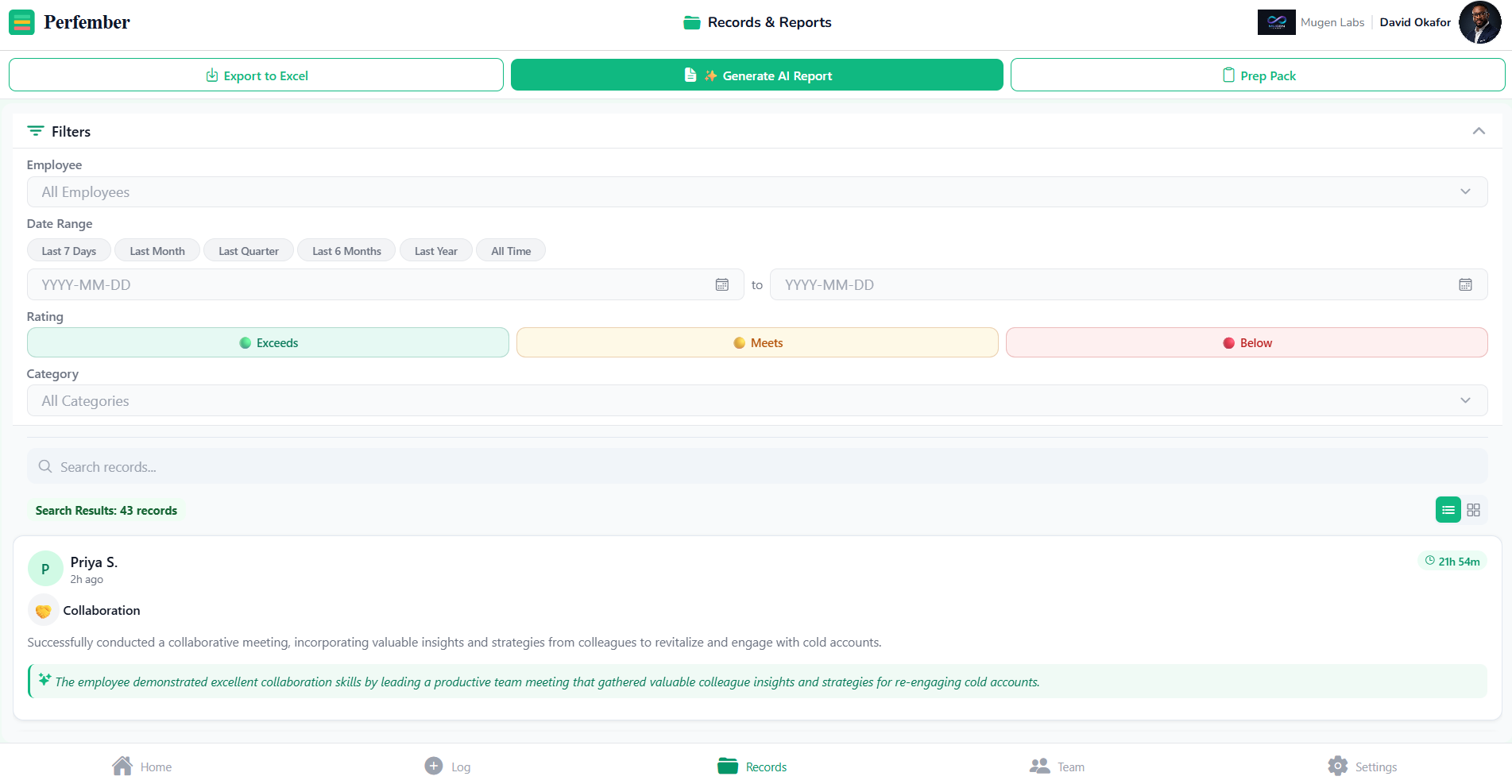 Perfember records and reports screen