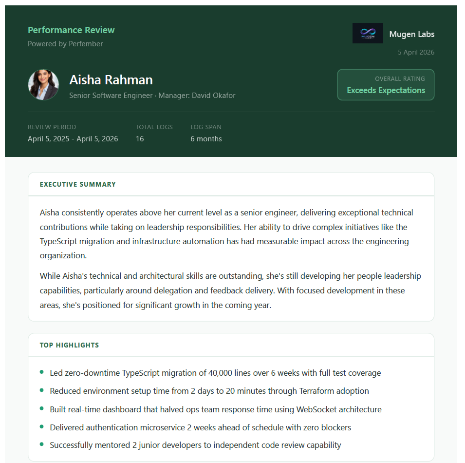 Sample AI-generated performance review from Perfember